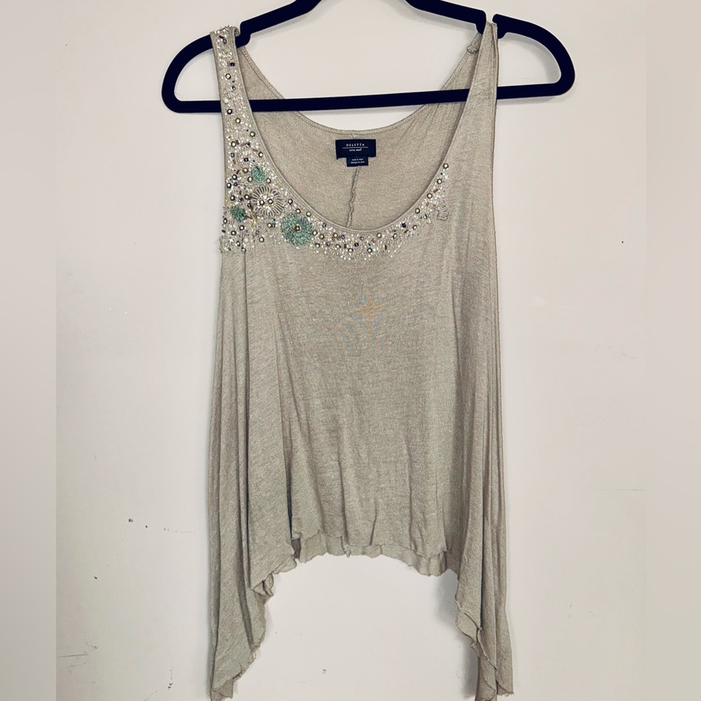 Deletta Biege Asymmetrical Embellished Tank Top